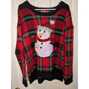 Womens Ugly Christmas Sweater 33 degrees Plaid Sequin Snowman Holiday Size Large